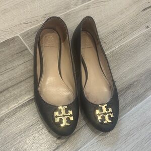 Tory Burch Black Flats with Gold Logo